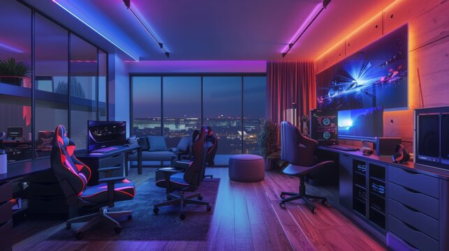 A gaming room featuring colorful lights and a desk. The room is set up for gaming with a vibrant ambiance.