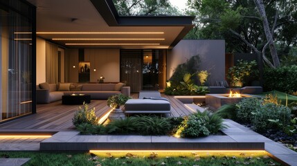 High-detail photo of a modern home garden with a chic outdoor lounge, sleek planters, and integrated lighting