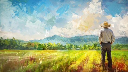 proud farmer surveying thriving crop fields agricultural success concept oil painting style