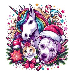 A unicorn and a dog with santa hats and candy canes realistic lively art bring spirit.