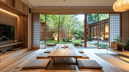 High-detail photo of a modern Japanese-style dining room with a low wooden table and tatami mats