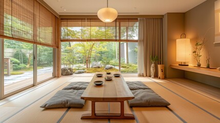 High-detail photo of a modern Japanese-style dining room with a low wooden table and tatami mats