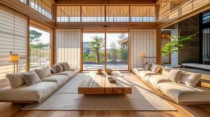 Naklejka premium High-detail photo of a modern Japanese-style living room with low wooden furniture and shoji screens