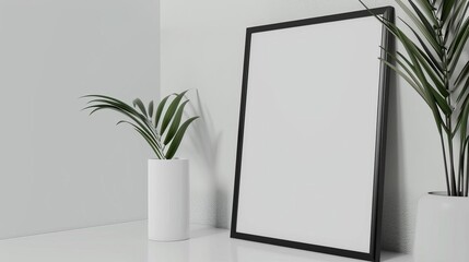 realistic mockup of black picture frame leaning on white wall closeup 3d rendering