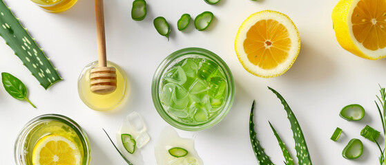 A flat lay of homemade aloe vera face masks in glass jars, with ingredients like honey and lemon, on a white background,