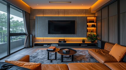 High-detail photo of a modern living room with a sleek entertainment center, leather sofa, and stylish lighting