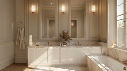High-quality image of a bathroom featuring a double vanity, marble countertops, and stylish lighting
