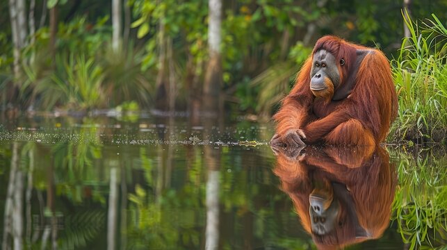 reflective orangutan calm rainforest river majestic primate serene wilderness wildlife photography - Powered by Adobe