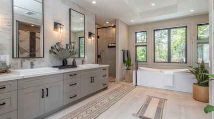 High-quality image of a bathroom with a floating vanity, modern sinks, and large mirrors