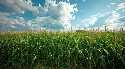 Fototapeta premium A field of tall, green corn under a bright blue sky.