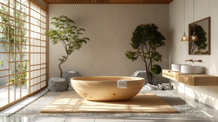 Fototapeta premium High-quality image of a contemporary Japanese bathroom with a hinoki wood tub, natural stone accents, and minimalist design