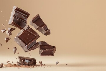 A close up of chocolate pieces in the air. Advertising shot on beige background with copy space.