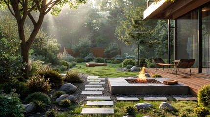 High-quality image of a forest-style home garden with a cozy fire pit area surrounded by trees and shrubs