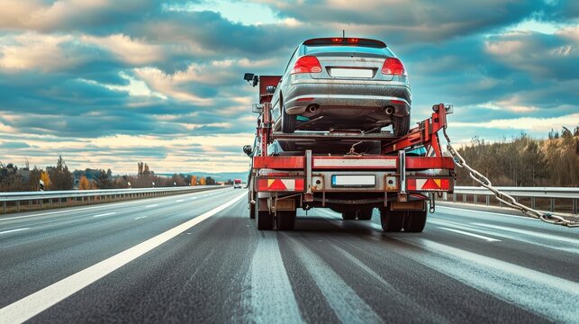 roadside assistance generic unidentifiable car loaded on tow truck driving on highway for repairs wide banner