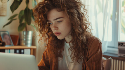 Young woman with curly hair using laptop