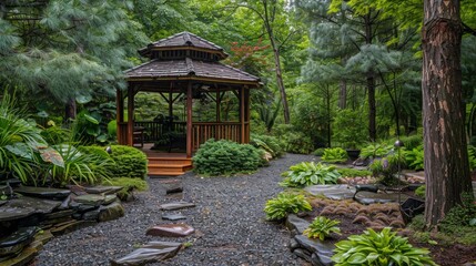High-quality image of a forest-style home garden with a rustic gazebo nestled among trees and shrubs
