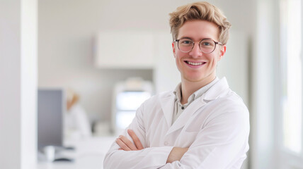 Young man in lab coat smiling