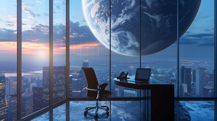 Modern office with city and earth view