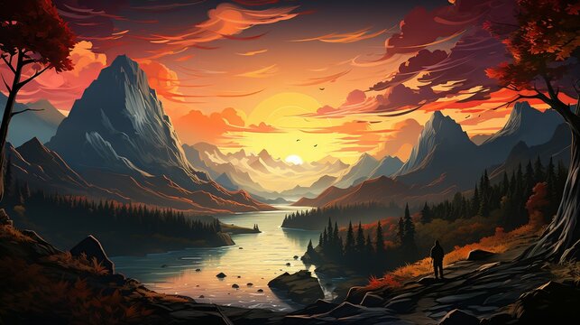Business Success Concept, A traveler immersing themselves in the beauty and wonder of the natural world. surrealistic Illustration image,