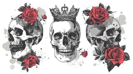 royal skulls with crown and roses vintage trash polka tattoo style vector illustration