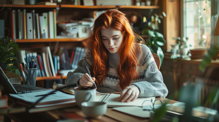 Young woman writing at desk