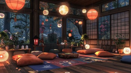 High-quality image of a Japanese-inspired living room with a floor seating arrangement and paper lantern lighting