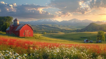 A picturesque landscape with a barn, silo, and rolling hills.