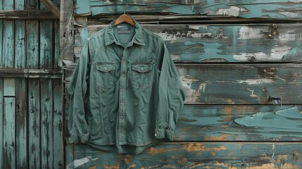 rustic green shirt mockup displayed on weathered wooden wall product display concept illustrations