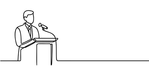 A man in a suit behind the podium, one continuous line of speeches on the podium