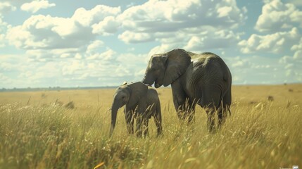 Fototapeta premium savanna serenity adult and juvenile elephants grazing in grasslands of maasai mara national park kenya 8k generative ai