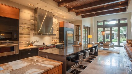 High-quality image of a kitchen with a modern style, featuring a large island, integrated appliances, and sleek cabinetry