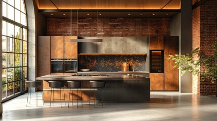 High-quality image of a kitchen with a modern style, featuring a large island, integrated appliances, and sleek cabinetry