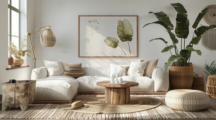 scandinavian boho living room interior with white sofa and art poster 3d render