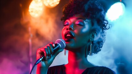 a singer woman with a microphone is on stage with a light show behind her - Powered by Adobe