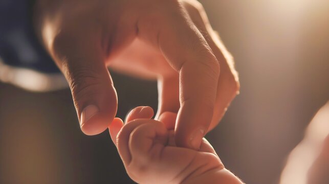 Close-up shot of a dad's hand holding a tiny baby's hand, Father, baby, hand holding
