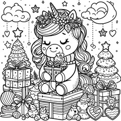 A coloring page of a unicorn with presents bring spirit realistic image.