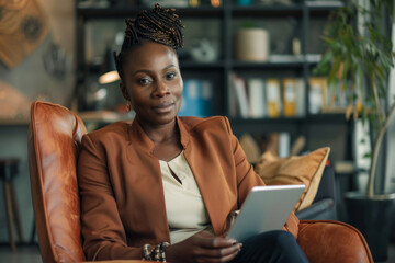 A black entrepreneur business woman is captured in a portrait, taking a brief respite during her busy day in the office, digital tablet in hand. With a serene demeanor, she radiates intelligence and