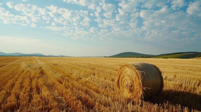 scenic harvested straw field with hay bale agriculture landscape copy space