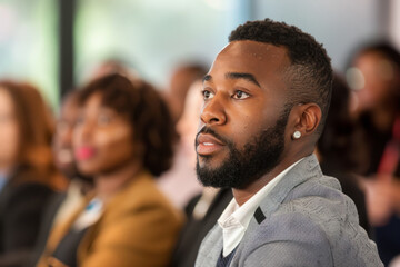 A Black entrepreneur, hosting a startup pitch competition for minority-owned businesses, providing a platform for aspiring entrepreneurs to showcase their ideas and access funding and mentorship