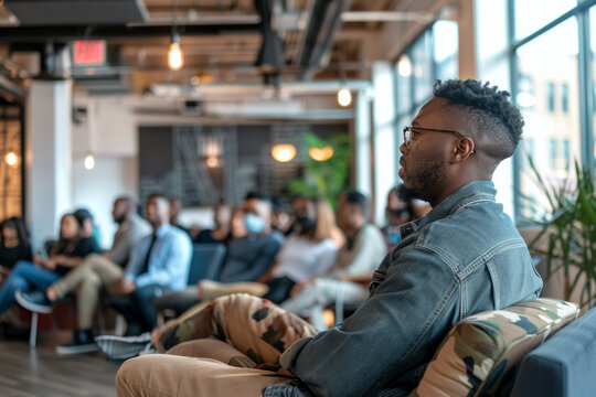 A Black entrepreneur, hosting a fireside chat with industry leaders in a trendy co-working space, facilitating candid discussions on entrepreneurship and innovation, his passion for disruption and