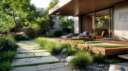 High-quality image of a minimalist home garden with a simple wooden deck, clean-lined furniture, and tall grass plantings