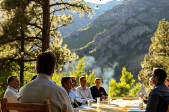 A Caucasian business executive, hosting a leadership retreat in a secluded mountain lodge, fostering strategic alignment and team cohesion through outdoor team-building activities and strategic