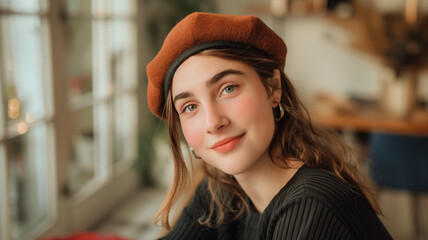 Stylish young woman wearing a beret