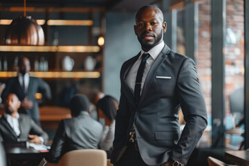 Fototapeta premium A confident African American businessman, standing tall in a modern office space, leading a team meeting with charisma and authority, his sharp suit and commanding presence exuding professionalism.