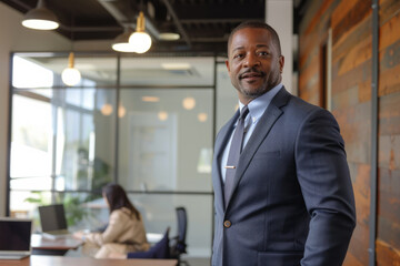 Fototapeta premium A confident African American businessman, standing tall in a modern office space, leading a team meeting with charisma and authority, his sharp suit and commanding presence exuding professionalism.