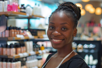 Naklejka premium A confident African American woman selling cosmetics, her warm smile and expertise guiding customers to find the perfect products for their skin tones and preferences.