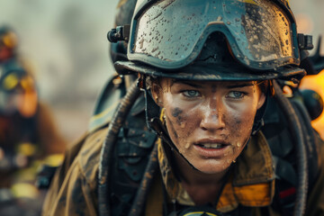 Fototapeta premium A determined woman firefighter undergoing rigorous training exercises, her resilience and determination driving her to push beyond her limits and prepare herself for the demanding challenges of the