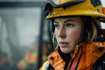 A determined woman firefighter undergoing rigorous training exercises, her resilience and determination driving her to push beyond her limits and prepare herself for the demanding challenges of the