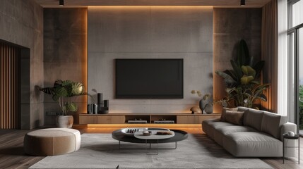 High-quality image of a minimalist living room with a floating media unit, sleek furniture, and a serene ambiance