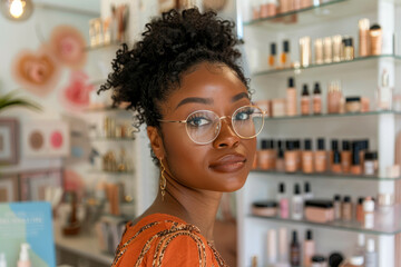 A dynamic Afro woman passionately selling cosmetics, blending her vibrant heritage with modern beauty trends, creating a unique and inclusive shopping experience for her diverse clientele.